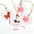 Tarjetitas dobles con cinta Granja rosa 16u Pers