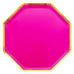 Plato flat octogonal borde dorado fucsia 10u