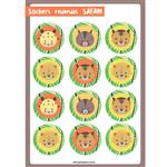 Stickers plancha Animalitos Safari redondas 12s 1u