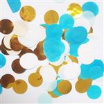 Confetti met dorado, tissue blanco y celeste