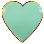 Plato corazón flat verde agua borde dorado 10u