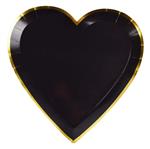 Plato corazón flat negro borde dorado 10u