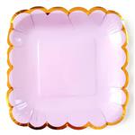 Plato cuadrado gde. onditas doradas lila 10u