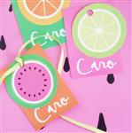 Tarjetitas dobles con cinta Frutas 16u Pers