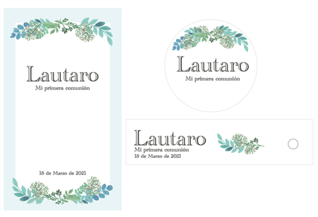 Set Mi primera comunión Leafs (Estampita, Stickers, tags)