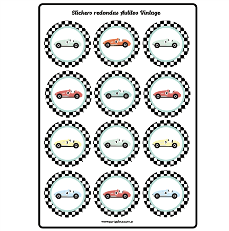 Stickers plancha redondas Autitos Vintage 12s 1u