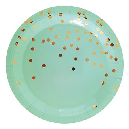 Plato redondo gde. met dorado dots verde agua pastel 6u