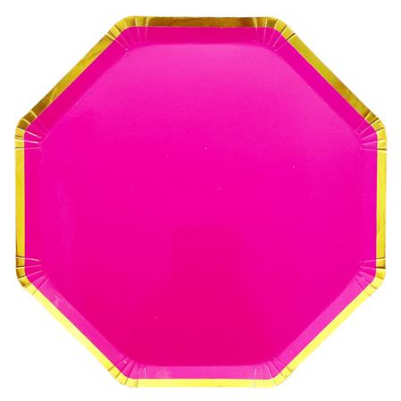 Plato flat octogonal borde dorado fucsia 10u