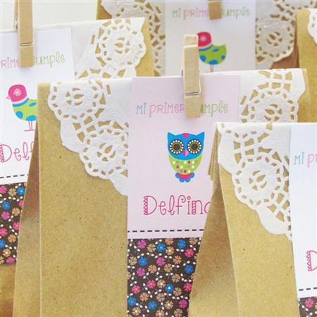 Kit souvenir Búho bolsita, blonda, clip y tarjetita personalizada 10u