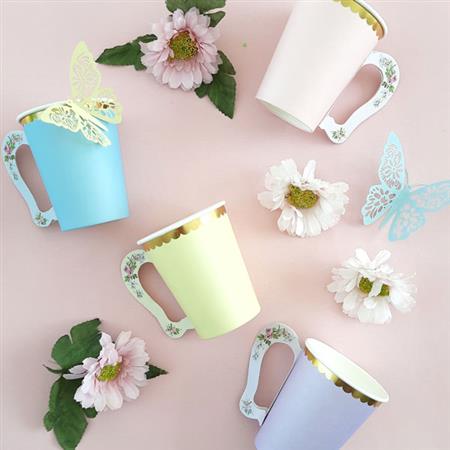 Tazas de papel vintage met con borde dorado 6u ROSAS