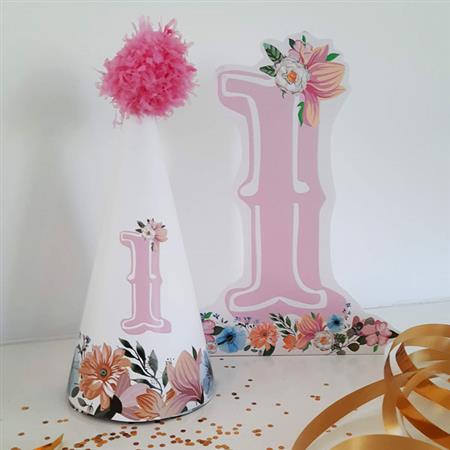 Bonete party Baby number flower rosa