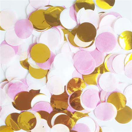 Confetti met dorado, tissue blanco y rosa