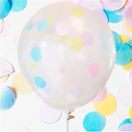 Globos transp. confetti pastel y cinta 6u