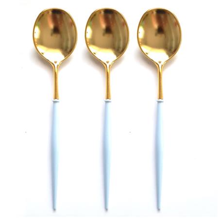 Cubierto plástico. Cuchara celeste y gold 6u