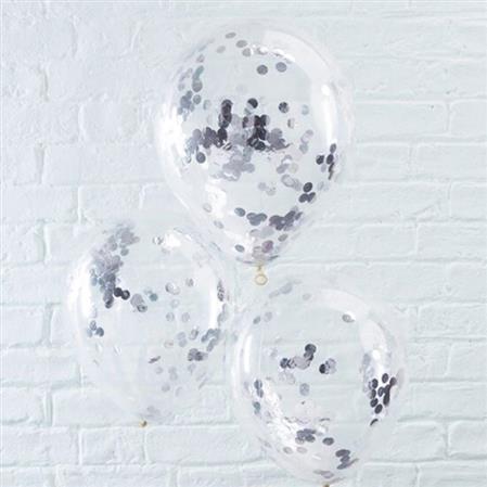 Globos transp. confetti plateado 6u