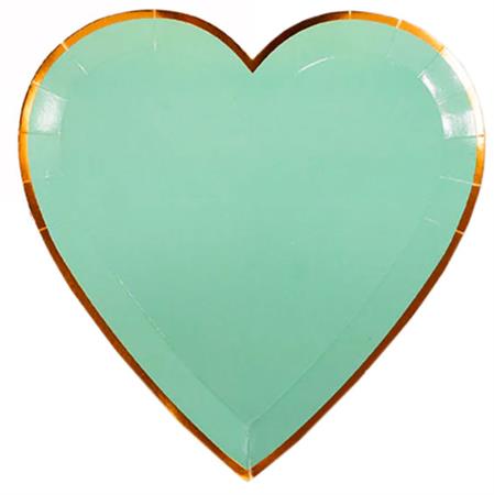 Plato corazón flat verde agua borde dorado 10u