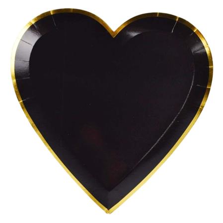 Plato corazón flat negro borde dorado 10u