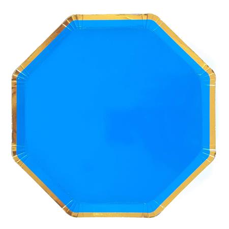 Plato flat octogonal borde dorado azul 10u