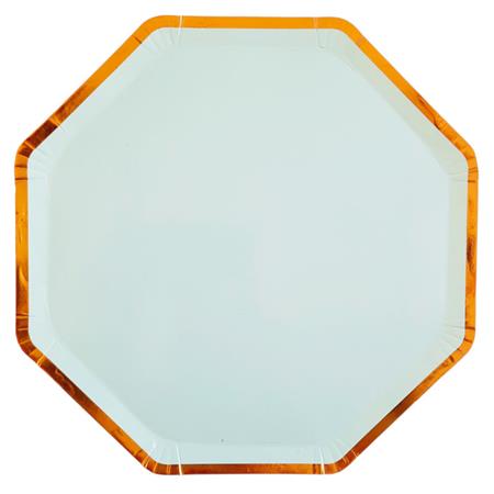 Plato flat octogonal borde dorado verde agua 10u