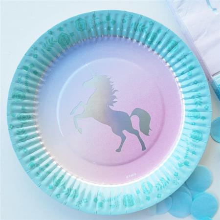 Platos unicornio aqua e iridiscente 6u