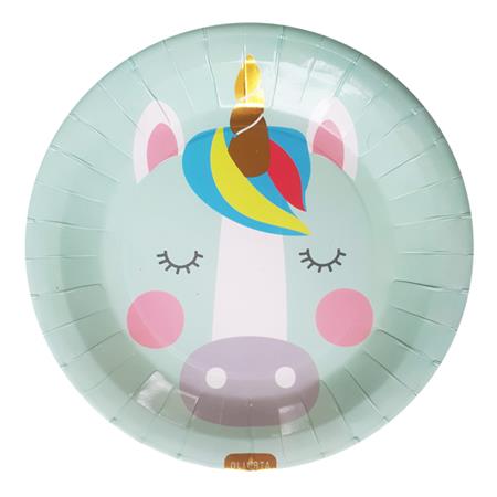 Plato redondo Unicornio aqua y oro 10u