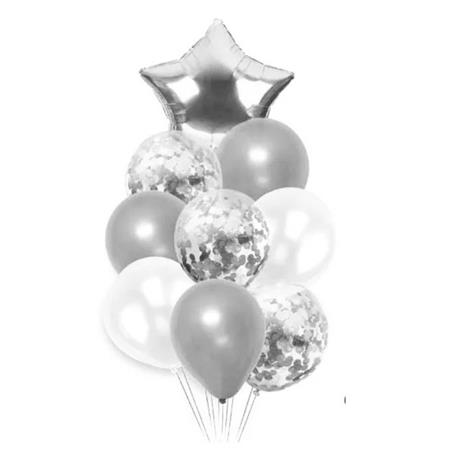 Globos Set plateados y transparentes con confetti y estrella x9