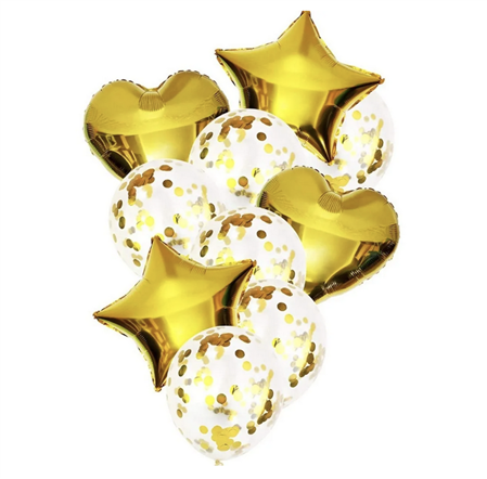 Globos Set transparentes con confetti gold estrella y corazon x10