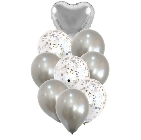 Globos Set plateados y transparentes con confetti y corazon x9