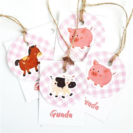 Tarjetitas dobles con cinta Granja rosa 16u Pers