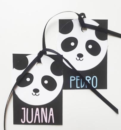 Tarjetitas dobles con cinta Panda (celeste/rosa) 16u Pers