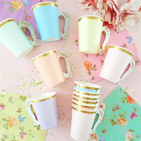 Tazas de papel vintage met con borde dorado 6u ROSAS
