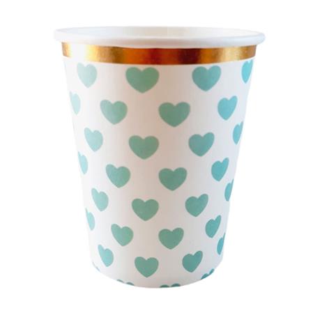 Vaso Corazones Aqua borde dorado 10u