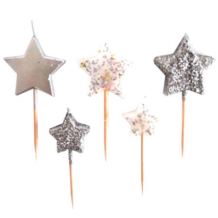 Velitas set estrellas plateadas con glitter 5u